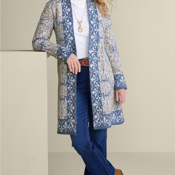 Soft Surroundings Sweaters - Blue and Cream Patterned Cardigan